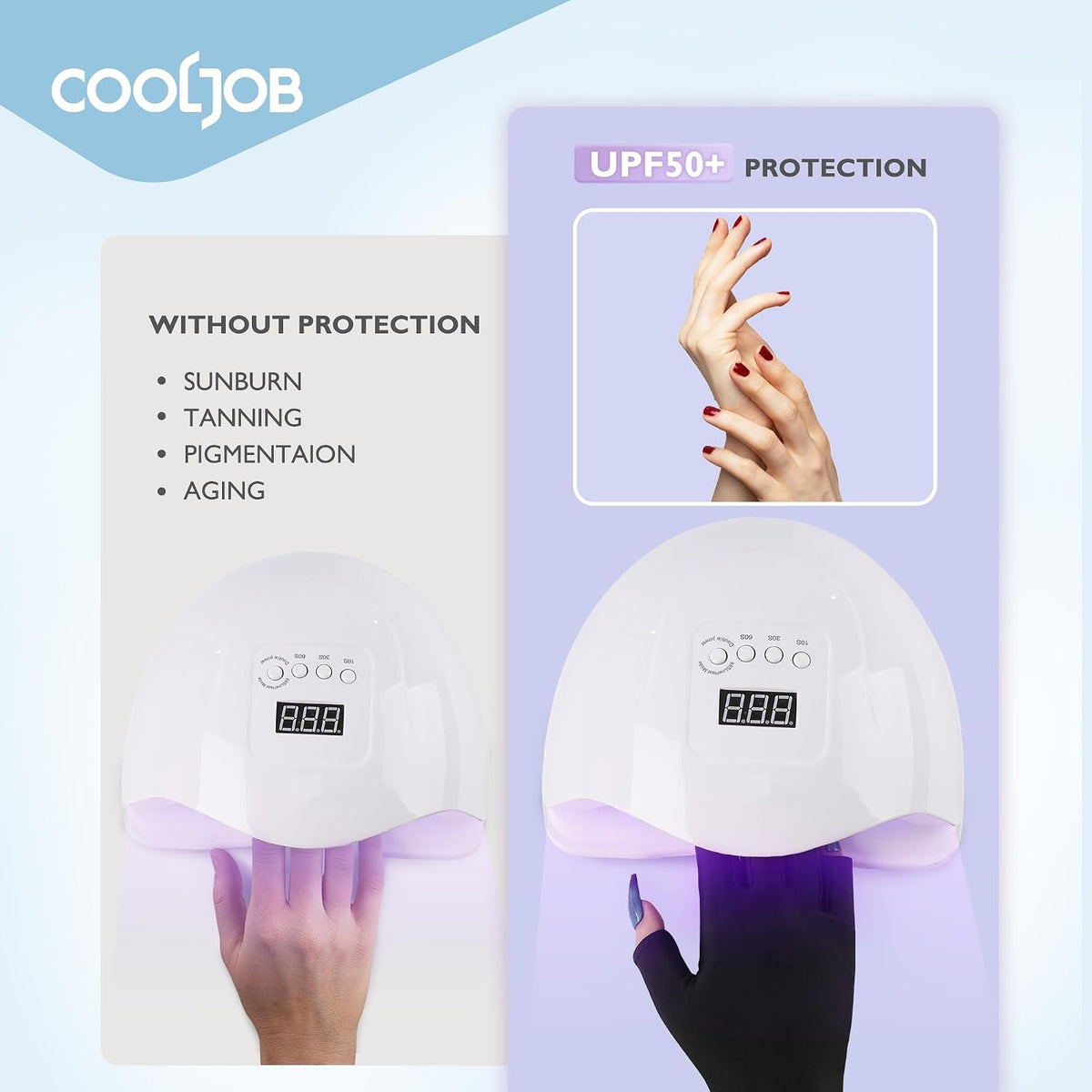 Black Cooljob UV protection gloves for gel nails, UPF50+ fingerless anti-UV gloves for manicure and nail lamp use, 1 pair.