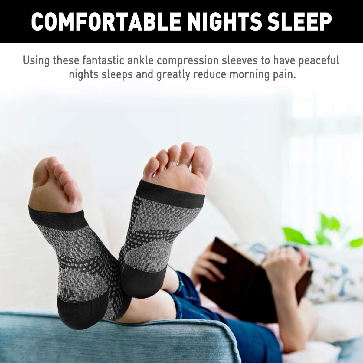AVIDDA Plantar Fasciitis Socks black pair with compression foot sleeves for heel spurs, arch support, ankle brace, and pain relief.