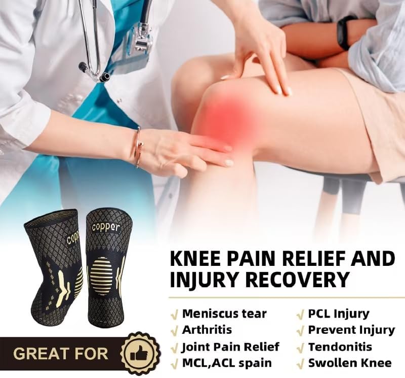 Lusenone copper knee support 2-pack with compression sleeves for men and women, suitable for arthritis, sports, and daily use.