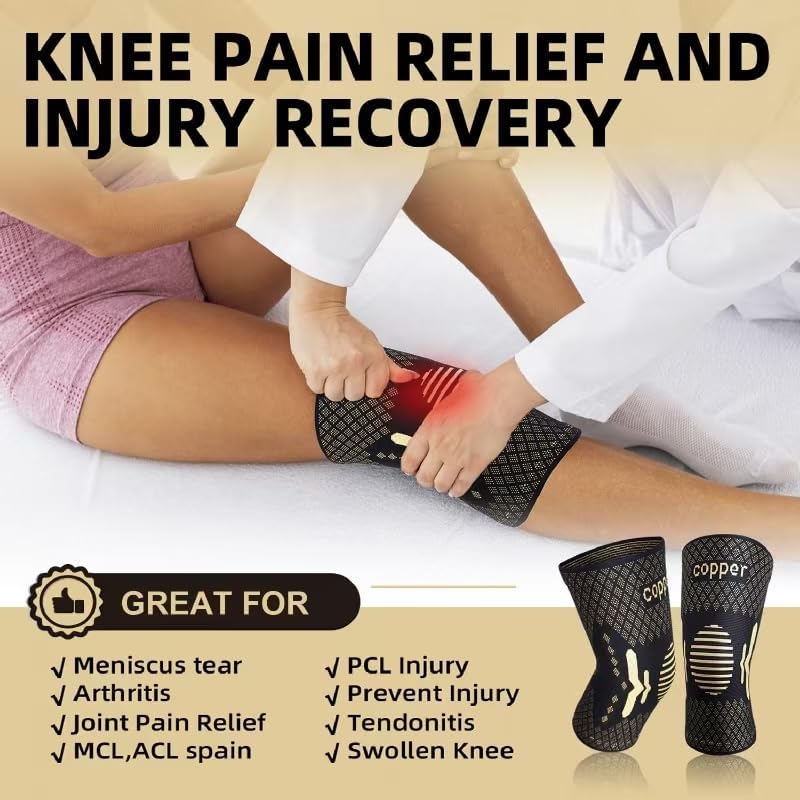 Lusenone copper knee support sleeve in a 2-pack, designed for compression and joint pain relief during sports or daily activities.