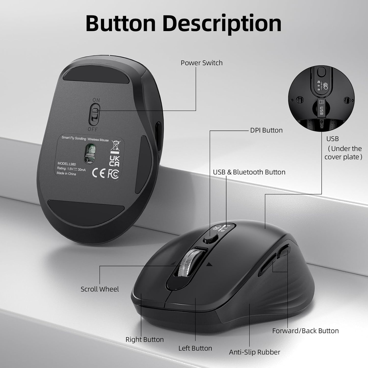 INFINMIND L980 Multi-Device Wireless Mouse, Bluetooth + 2.4G USB, 4-Way Scroll, Silent Click, 3000 DPI, 9 Buttons, Ergonomic for PC Mac iPad Windows Chrome OS, 40-Month Battery, Black