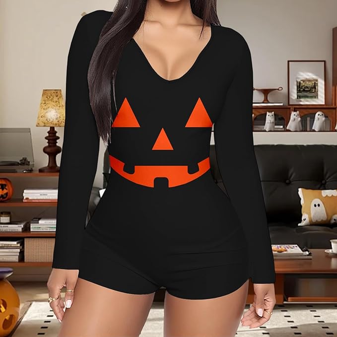 Qianderer women’s Halloween pajama jumpsuit with long sleeves, V-neck, button-down front, bodycon fit, and shorts for loungewear.