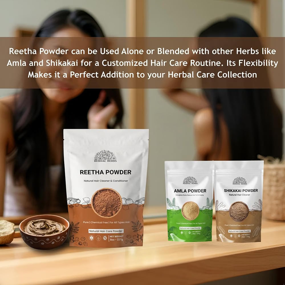 Hebhac Herbs Ayurvedic hair care powders including Amla, Reetha, and Shikakai in a 114g package for natural hair cleansing and growth
