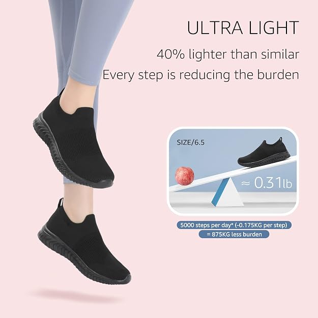 STQ Womens Slip On Trainers Black UK 3.5 EU 36 - Ultra Lightweight Breathable Memory Foam Walking Shoes