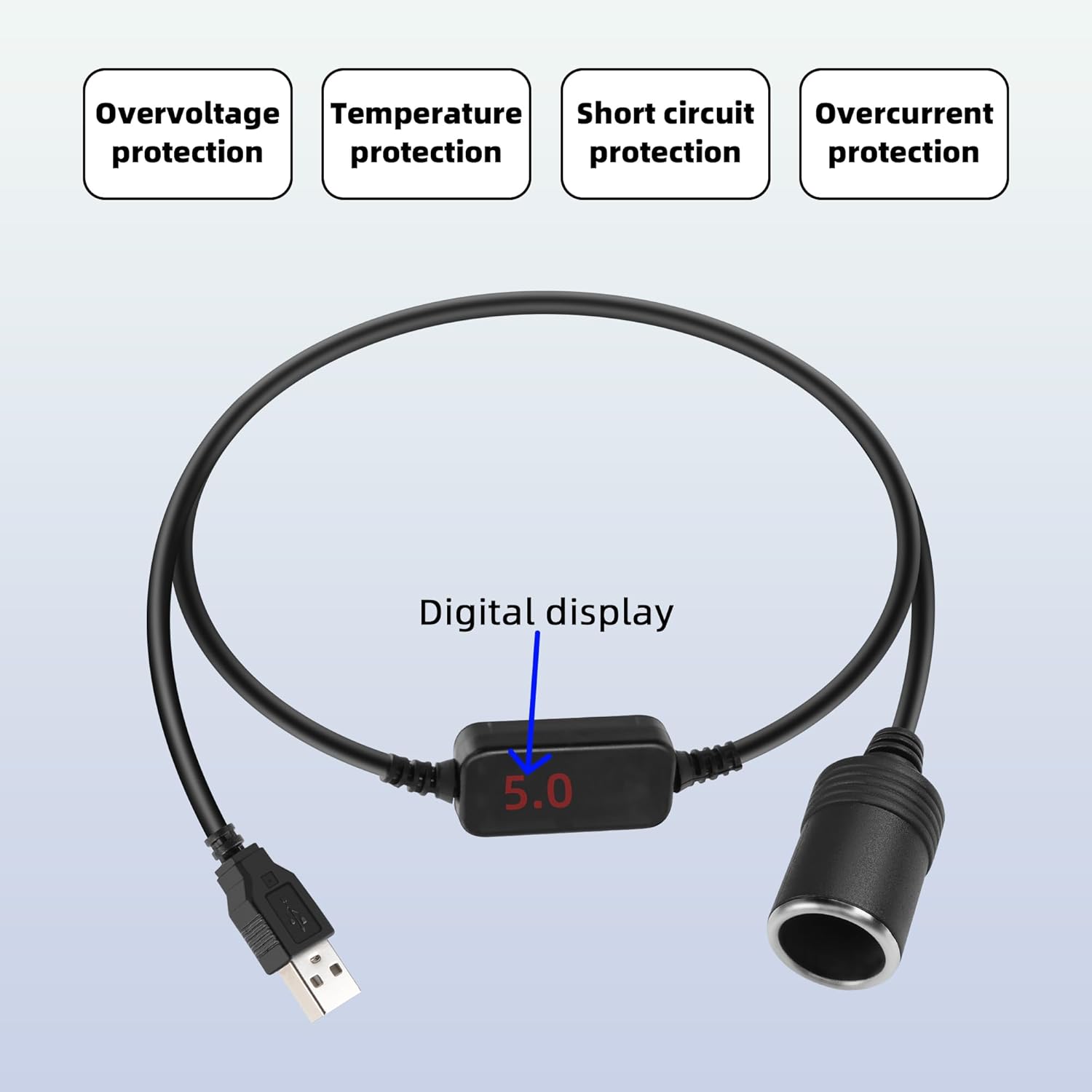 Riieyoca 5V to 12V USB A to cigarette lighter converter cable with digital display, 8W output, for dash cams and radar detectors.