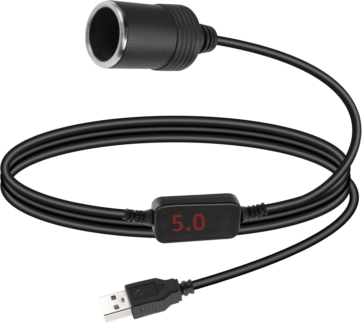 Riieyoca 5V to 12V USB A to cigarette lighter converter cable with digital display, 8W output, for dash cams and radar detectors.
