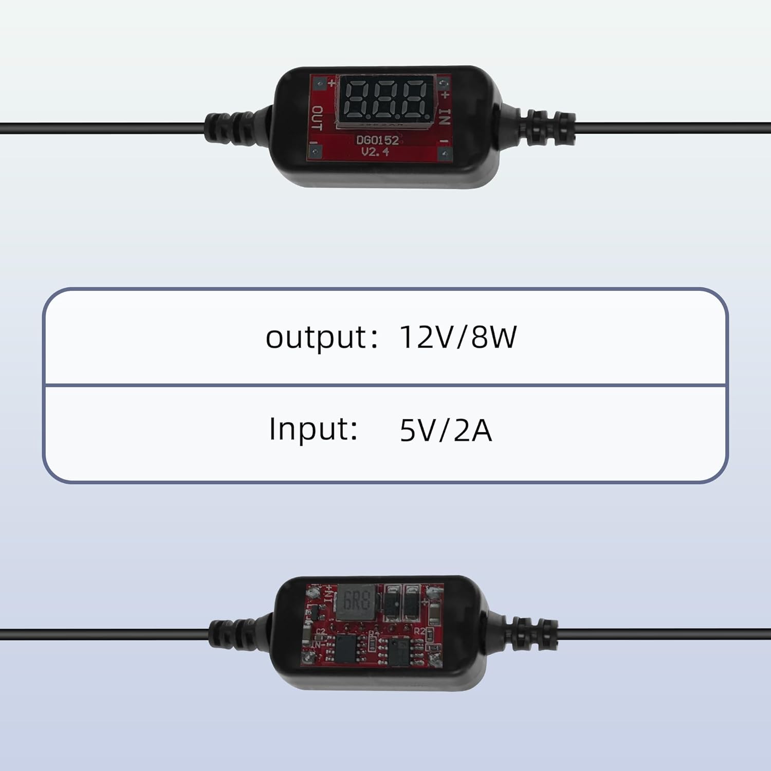 Riieyoca 5V to 12V USB A to cigarette lighter converter cable with digital display, 8W output, for dash cams and radar detectors.