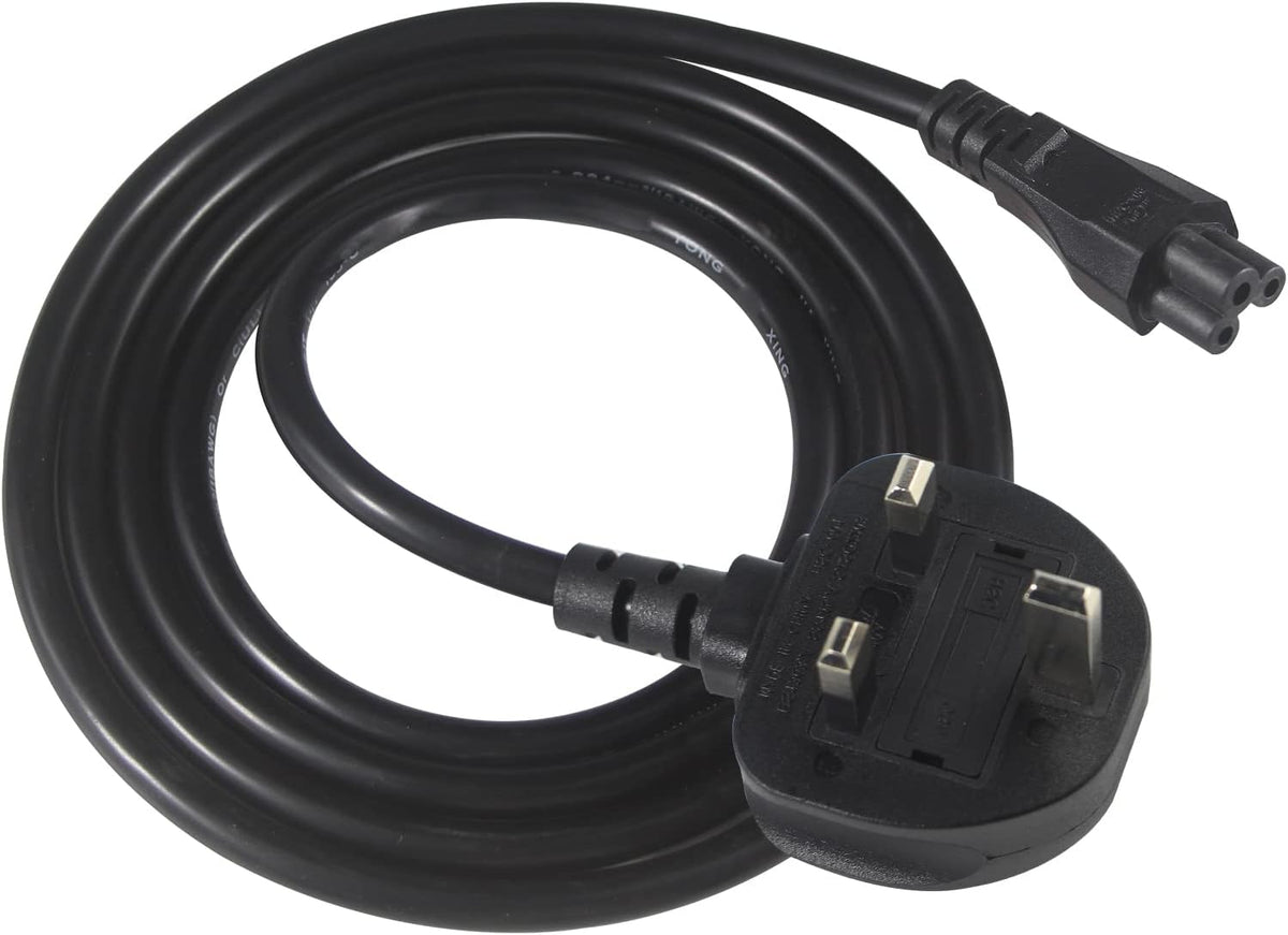 CYD 2-pack 3M UK Cloverleaf power leads with 3-pin mains plug and IEC C5 connector for laptops, monitors, and projectors.