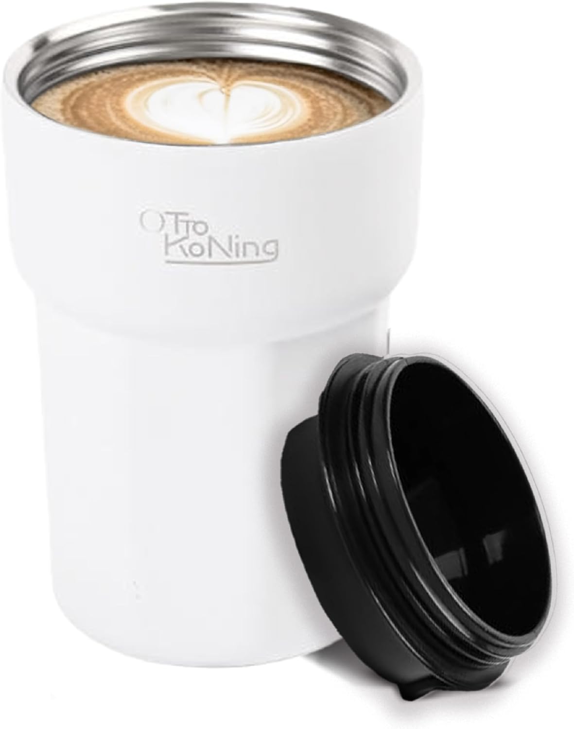 Otto Koning 12oz leakproof travel mug by Thermos, BPA-free, fits cup holder, keeps drinks hot or cold for 4 hours, stylish design
