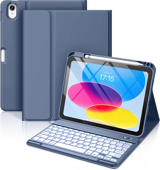 Vobafe Bluetooth keyboard case for iPad 11th/10th Gen with 7-color backlit keys and detachable design.