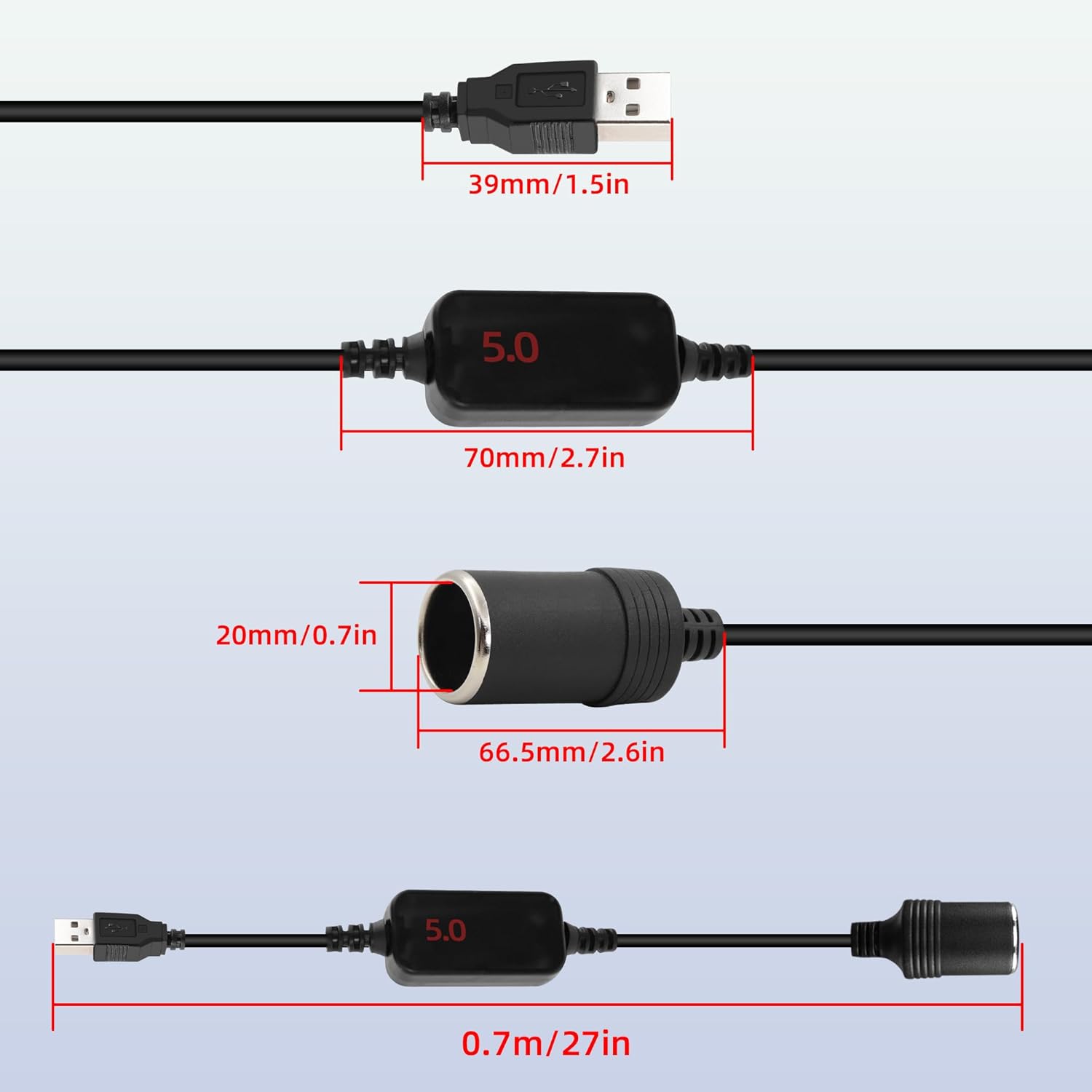 RIIEYOCA 5V to 12V USB A to cigarette lighter converter cable with digital display, 8W output, for dash cams and radar detectors.
