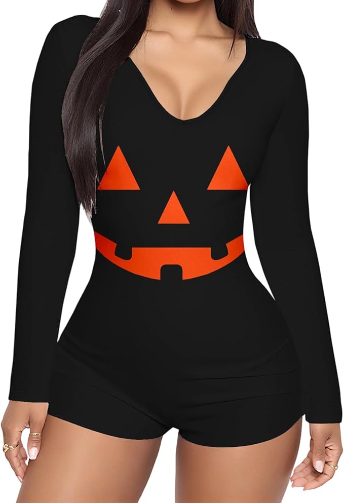 Qianderer women's Halloween pajamas jumpsuit with long sleeves, V-neck, button-down, bodycon fit, and shorts for loungewear.