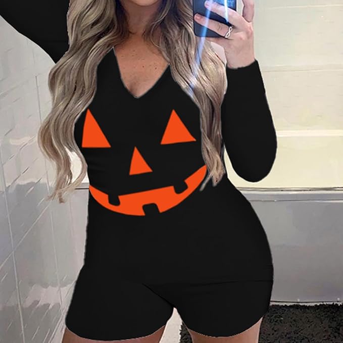 Qianderer women’s Halloween pajamas set featuring long sleeve bodycon jumpsuit with V-neck, button-down, and shorts for loungewear.