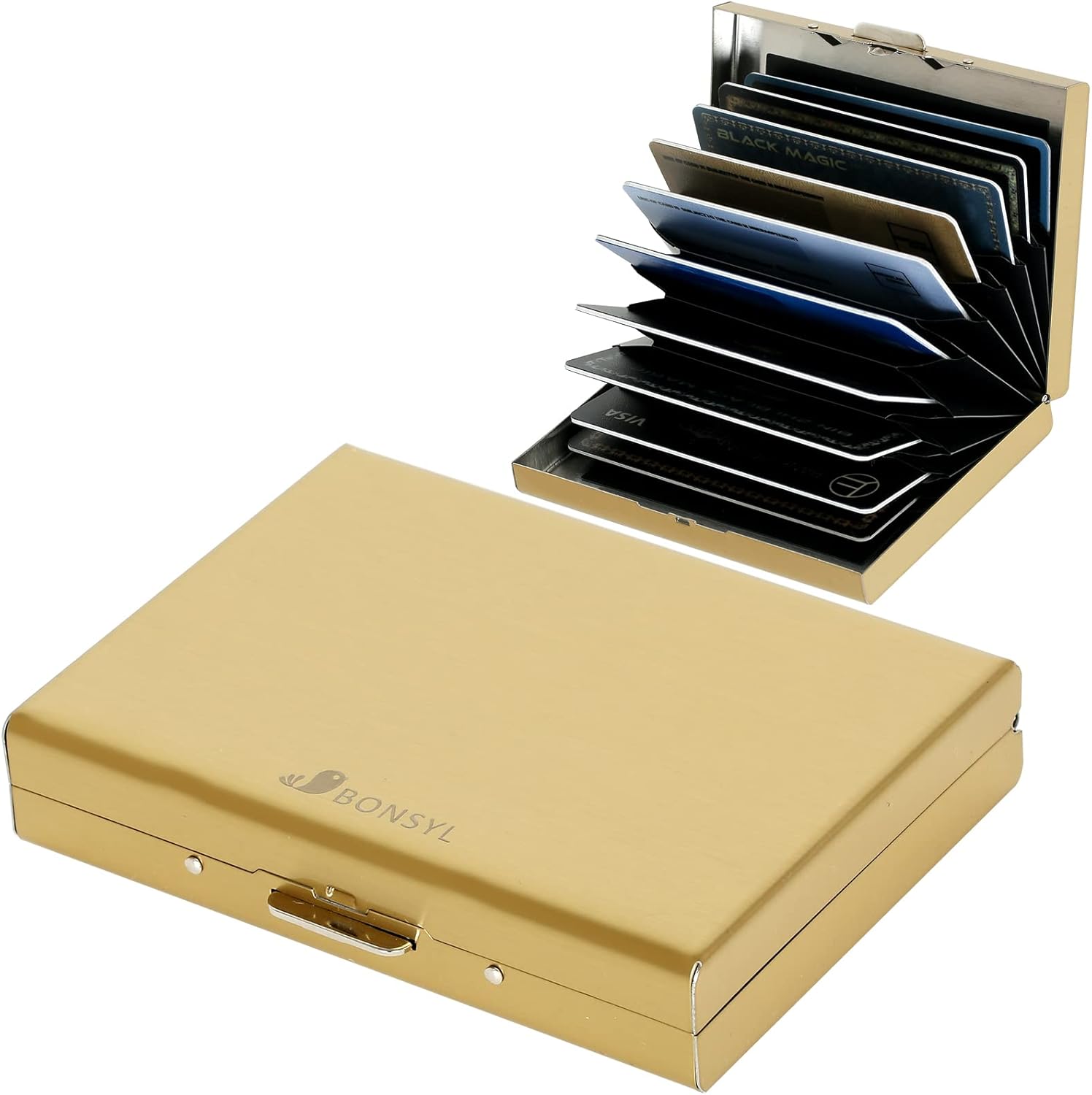 BONSYL RFID Blocking Gold Metal Card Holder Wallet - Slim Stainless Steel 10 Card Case for Men & Women - Luxury Gift Boxed