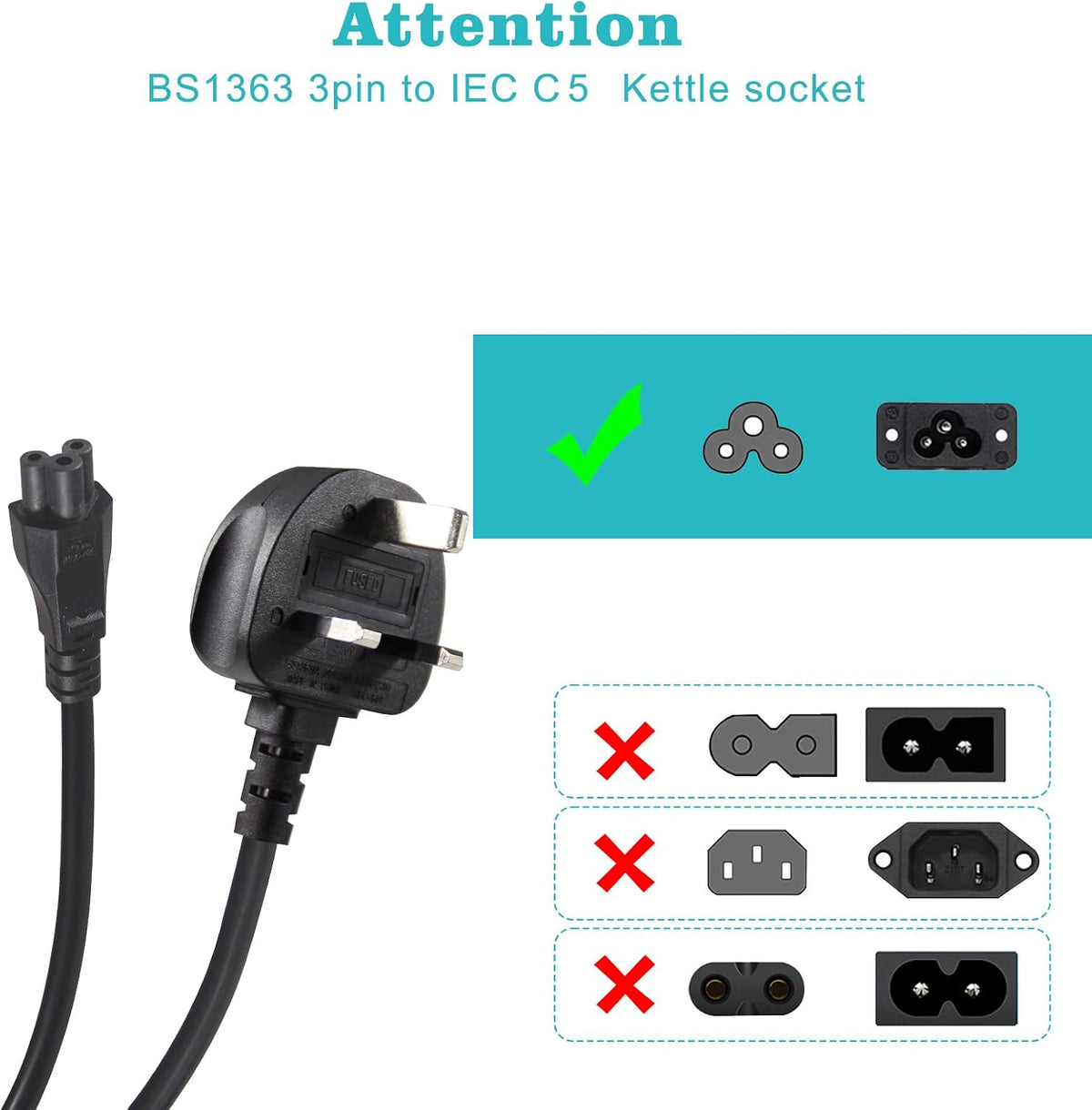 CYD 2-pack 3M UK Cloverleaf power lead with 3-pin mains plug and IEC C5 connector for laptops, monitors, and projectors.