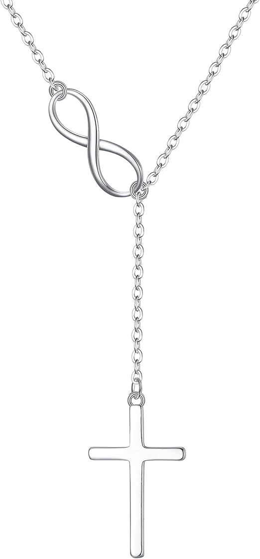 EleQueen 925 Sterling Silver Infinity Cross Lariat Necklace for Women, Dainty Y-Necklace 18in, Religious Pendant Jewelry Gift for Wife Mom Daughter