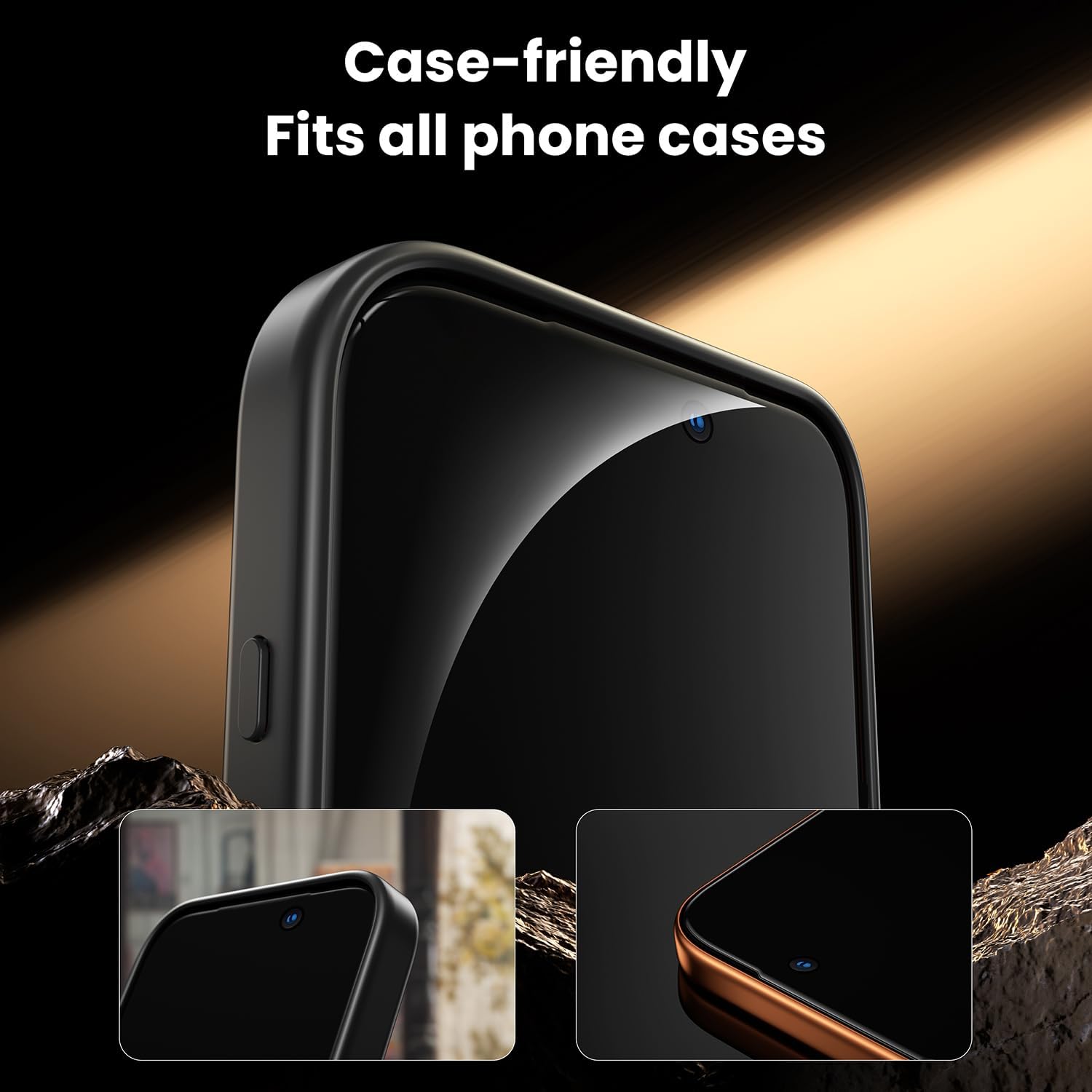 Hoerrye 4-in-1 privacy screen protector for iPhone 15/16/17, anti-spy 24°, military-grade 9H glass, case friendly, bubble-free.