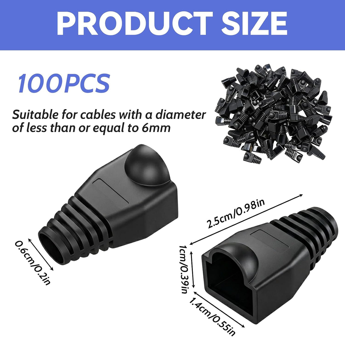 Volink 100Pcs RJ45 Connector Boots Cover - Black Ethernet Cable Strain Relief Protectors for Cat5 / Cat5e / Cat6 / Cat6a - Anti-Snag Soft PVC Caps