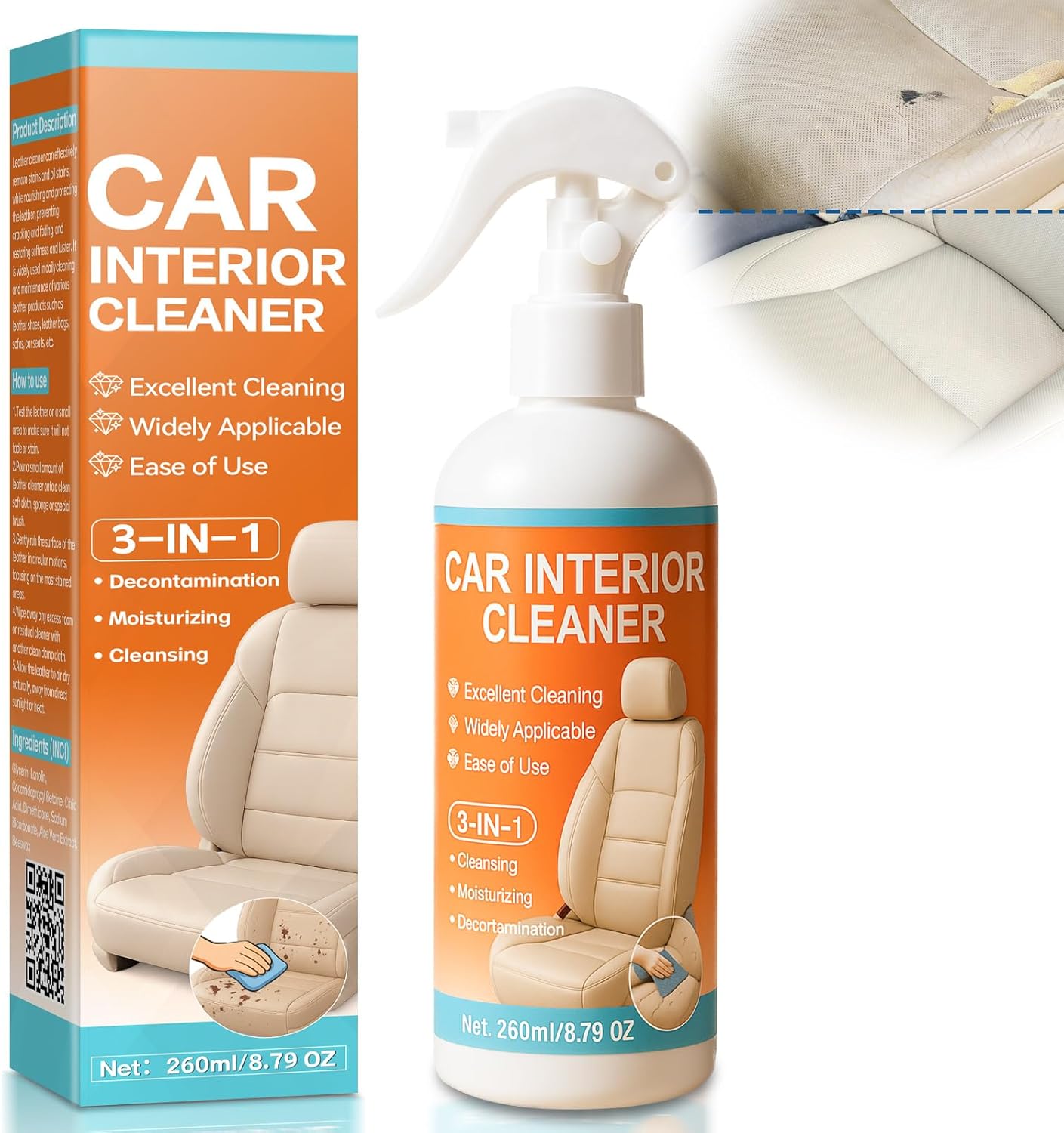 Halldeli 3-in-1 car interior cleaner spray with 260ml bottle, suitable for leather, plastic, and fabric surfaces.