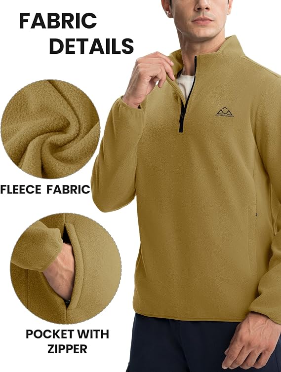 Donhobo Mens Lightweight Fleece Quarter Zip Jacket - Soft Warm Hiking Pullover with Zip Pockets