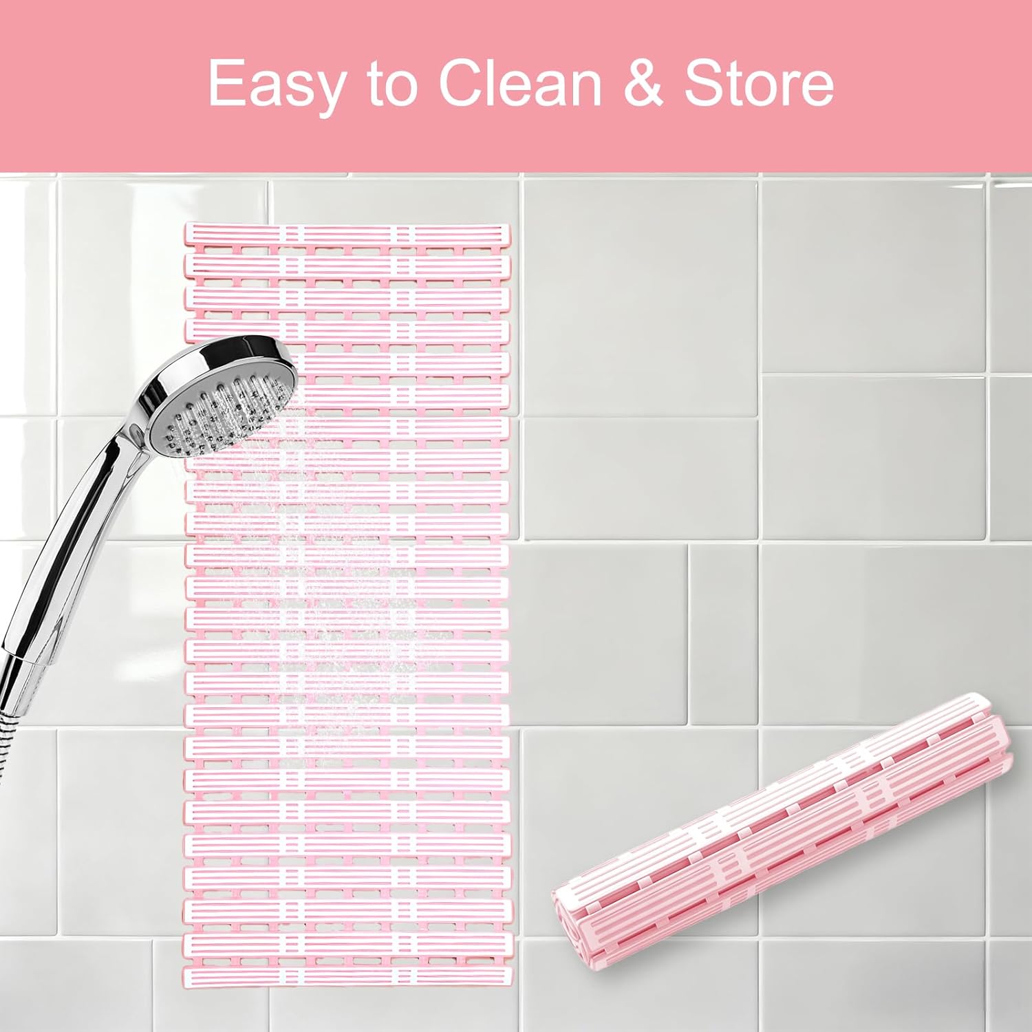 Pink Yokupotac extra long non-slip shower mat with suction cups and drainage for safety in bathtub or shower.