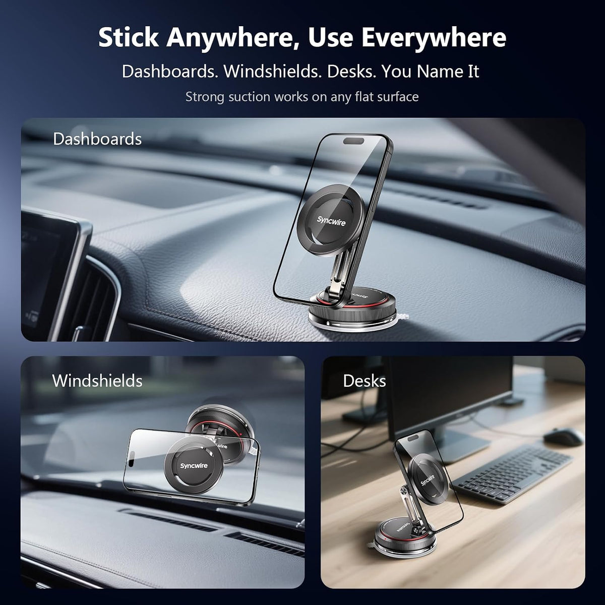 Syncwire MagSafe car mount in matte black, foldable 2-axis magnetic phone holder on vehicle dashboard or windscreen.