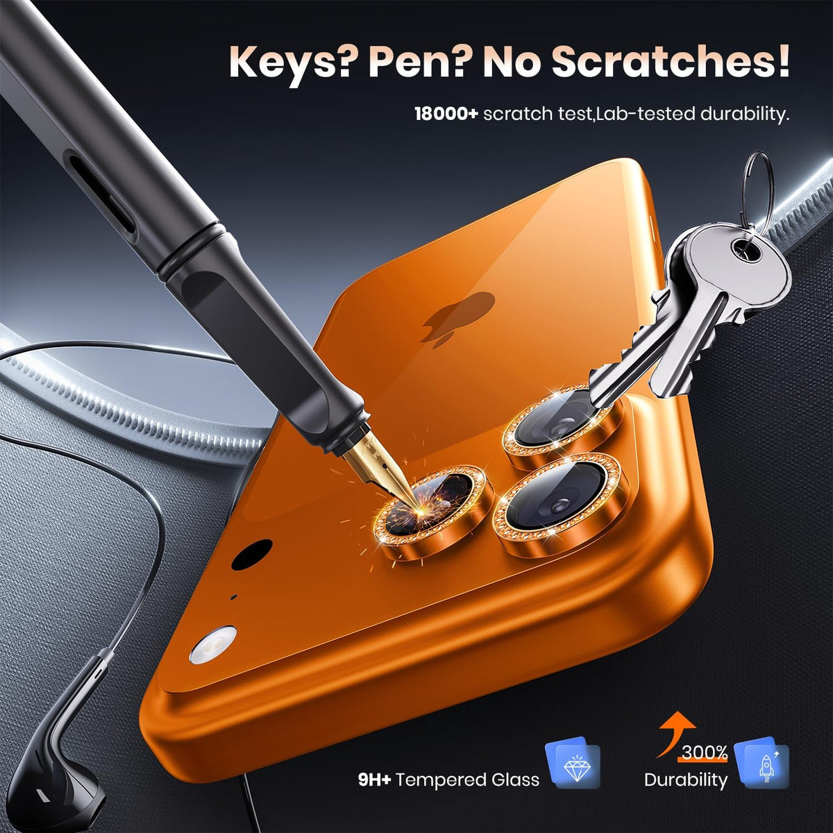 Hoerrye glitter orange camera lens protector for iPhone 17 Pro Max and 17 Pro with 9H tempered glass and diamond ring decoration.