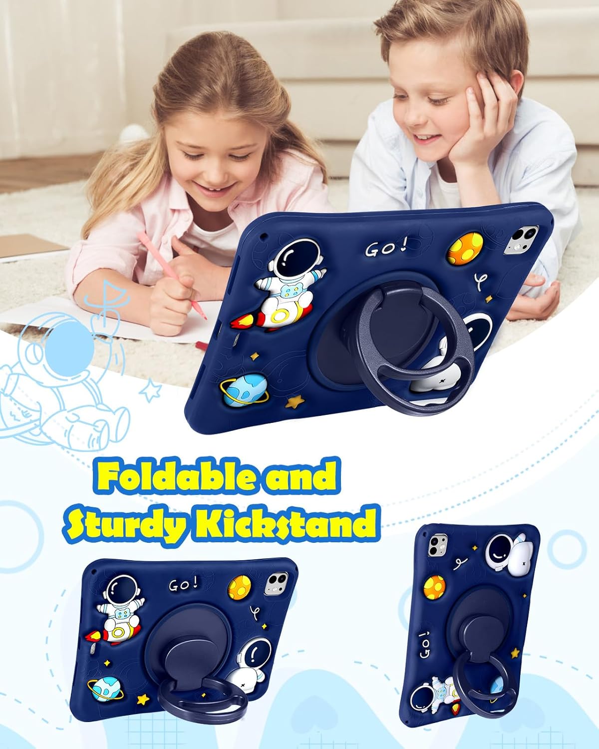 SurgeCraft Cute Astronaut Case for iPad Pro 11 Inch M4 (2024) - Soft Silicone, Shoulder Strap & 360° Rotating Stand - Kawaii Cover for Kids, Teens, Boys & Girls (Model A2836, A2837, A3006) - Zeta Store