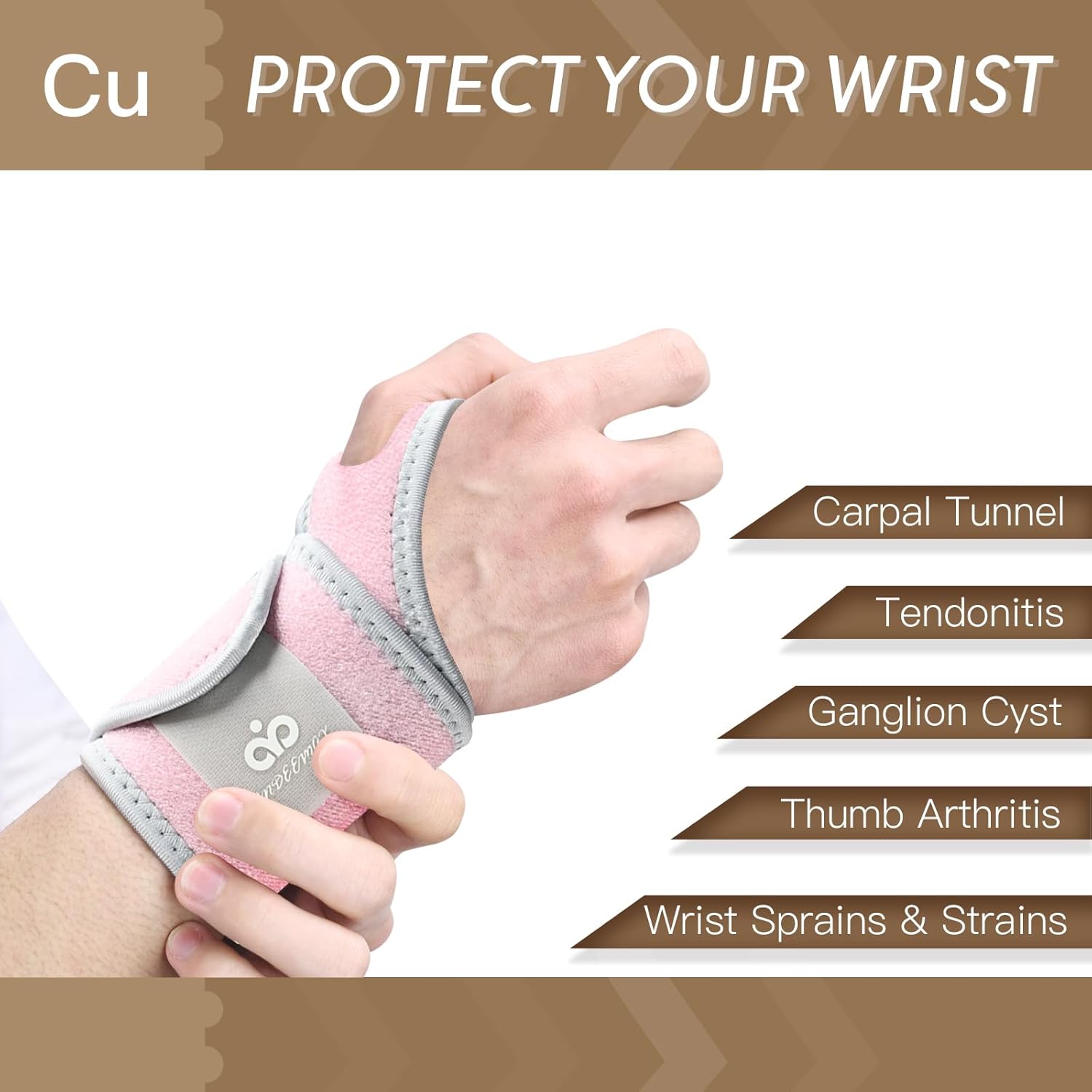 Indeemax copper wrist brace pair, soft supportive braces for wrist pain relief and stability, shown on a person's wrists.