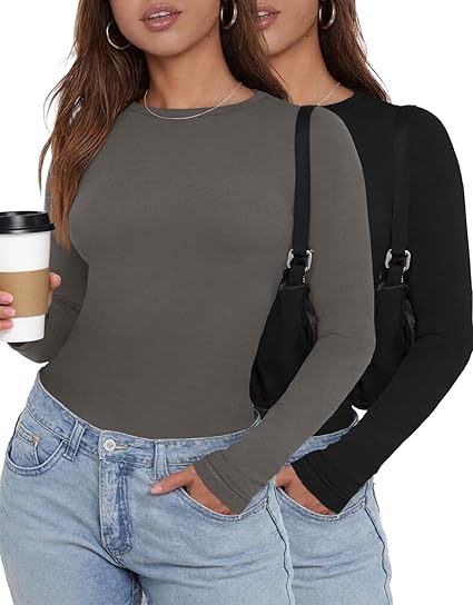 CheChury women's long sleeve base layer tops in black and dark grey, slim fit, soft thermal fabric for cold weather comfort.