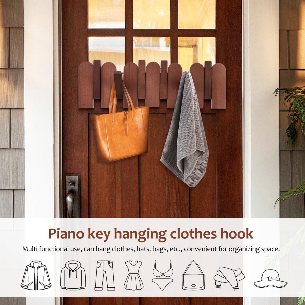 Soimiss Piano Key Coat Rack Wall Mounted - 6 Folding Wood Hooks, Walnut SOLID Wood Space-saving Coat Hanger