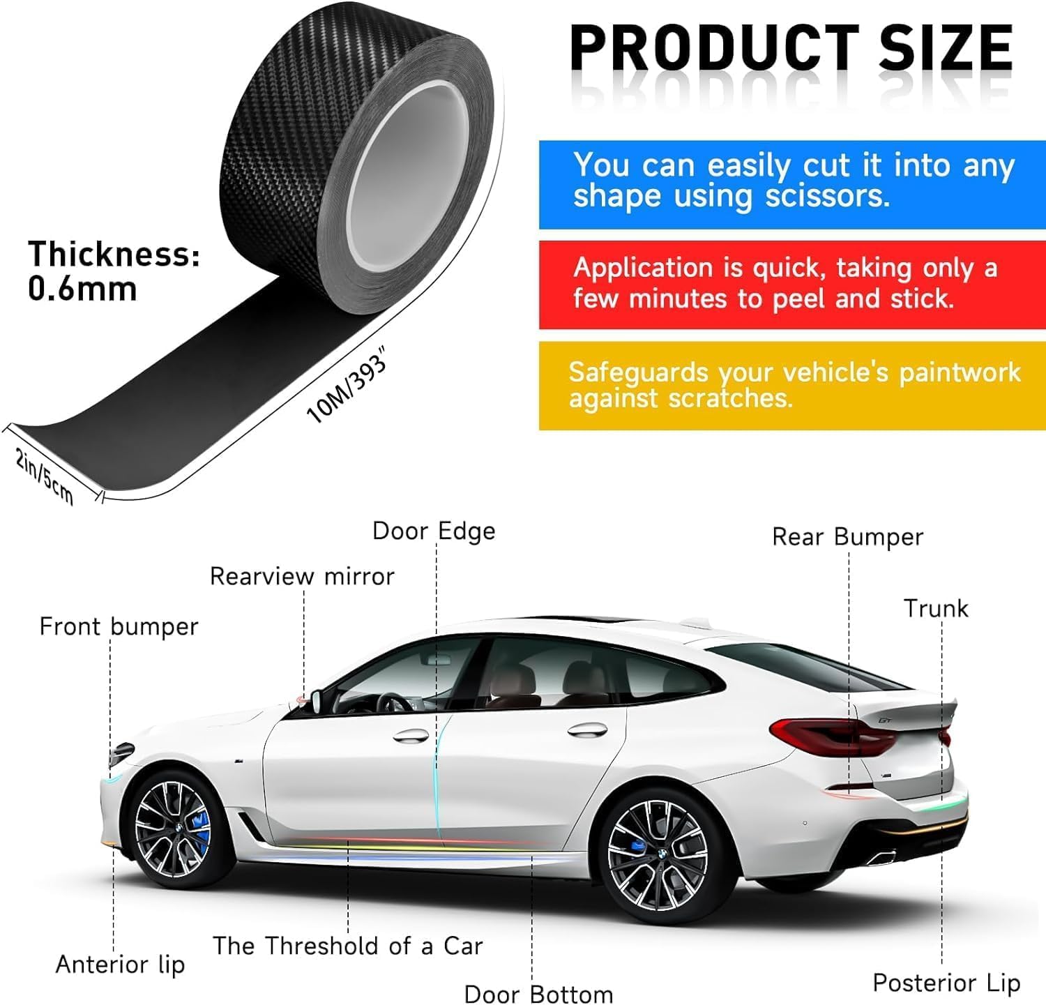 EINESIN 5D Carbon Fiber Car Door Edge Guard Tape 2-Pack - 0.6mm Thickened Waterproof Anti-Scratch Sill & Bumper Protector, 33FT x 2in, Universal Fit