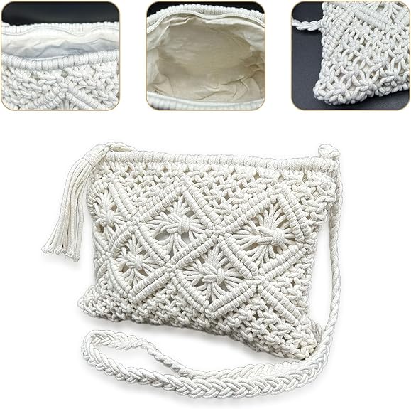 MIVAIUN White Handmade Macrame Crossbody Bag – Boho Woven Straw Beach Shoulder Bag with Zipper & Tassel, Small Summer Holiday Clutch Purse for Women