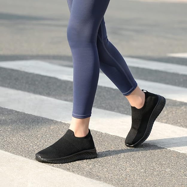 STQ Womens Slip On Trainers Black UK 3.5 EU 36 - Ultra Lightweight Breathable Memory Foam Walking Shoes
