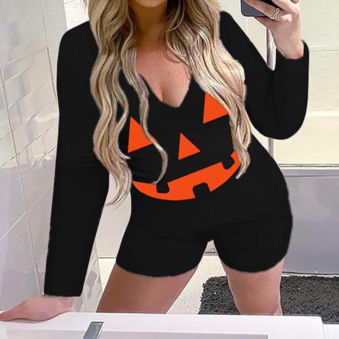 Qianderer women's Halloween pajamas, long sleeve bodycon jumpsuit with V-neck, button-down design, and shorts for cozy loungewear.