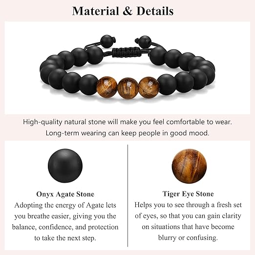 Natural Stone Father’s Bracelet - Tiger Eye & Black Agate. The Perfect Dad Gift from Daughter - Zeta Store