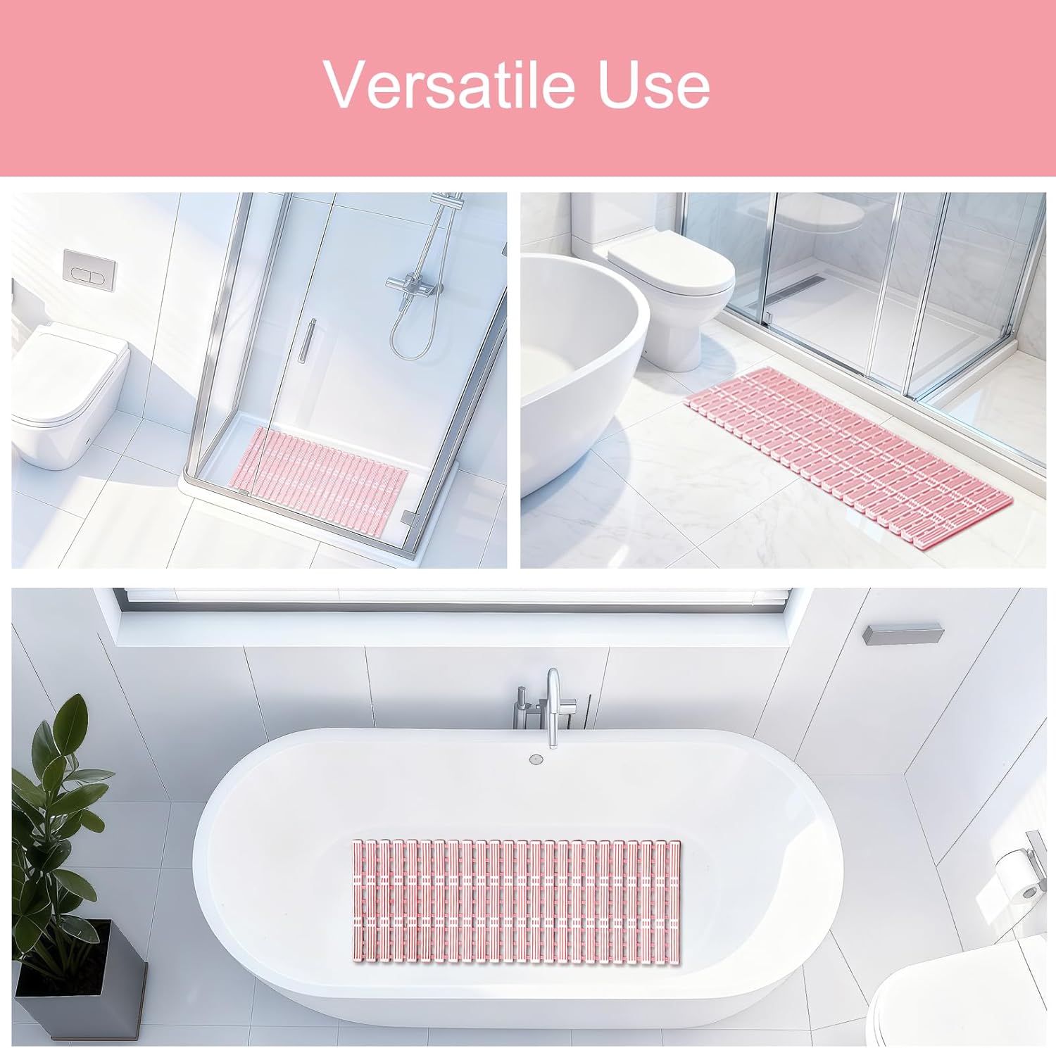 Pink Yokupotac extra long non-slip shower mat with suction cups and drainage, ideal for elderly safety in bathtubs and showers.