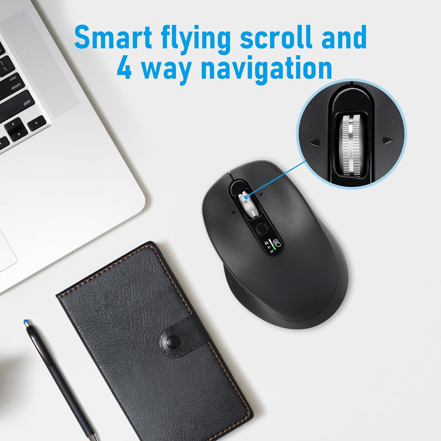 INFINMIND L980 Multi-Device Wireless Mouse, Bluetooth + 2.4G USB, 4-Way Scroll, Silent Click, 3000 DPI, 9 Buttons, Ergonomic for PC Mac iPad Windows Chrome OS, 40-Month Battery, Black