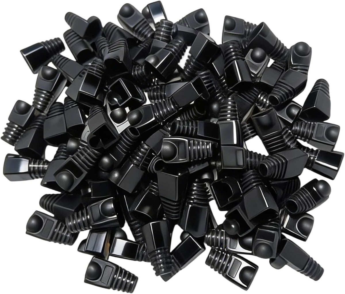 Volink 100Pcs RJ45 Connector Boots Cover - Black Ethernet Cable Strain Relief Protectors for Cat5 / Cat5e / Cat6 / Cat6a - Anti-Snag Soft PVC Caps