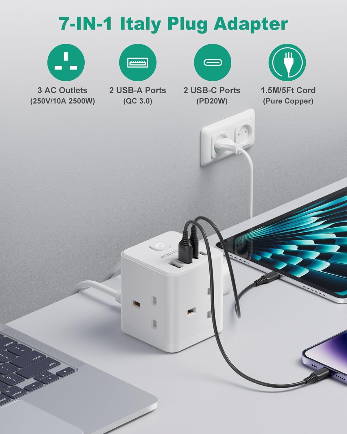 ROOTOMA UK to Italy Travel Adapter Type L, 7-in-1 Plug Adapter with 1.5M Extension, 3 UK Outlets + 2 USB-C PD 20W + 2 USB-A QC3.0, Cube Charger for Italy Chile Uruguay Syria Eritrea