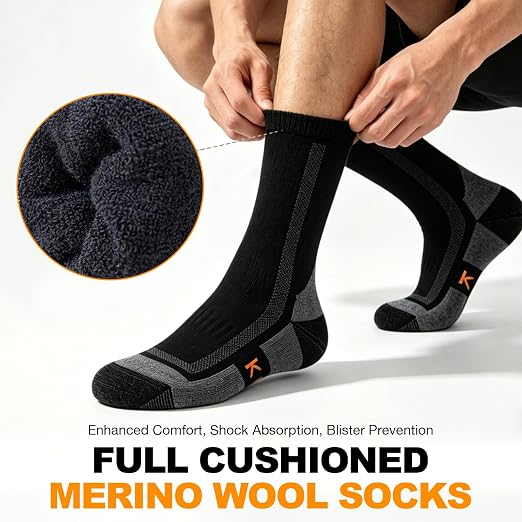 KACIIXAA Merino Wool Thermal Hiking Socks 3-pack in black and grey, thick cushioned winter boot socks for men and women, UK 12-15 XL