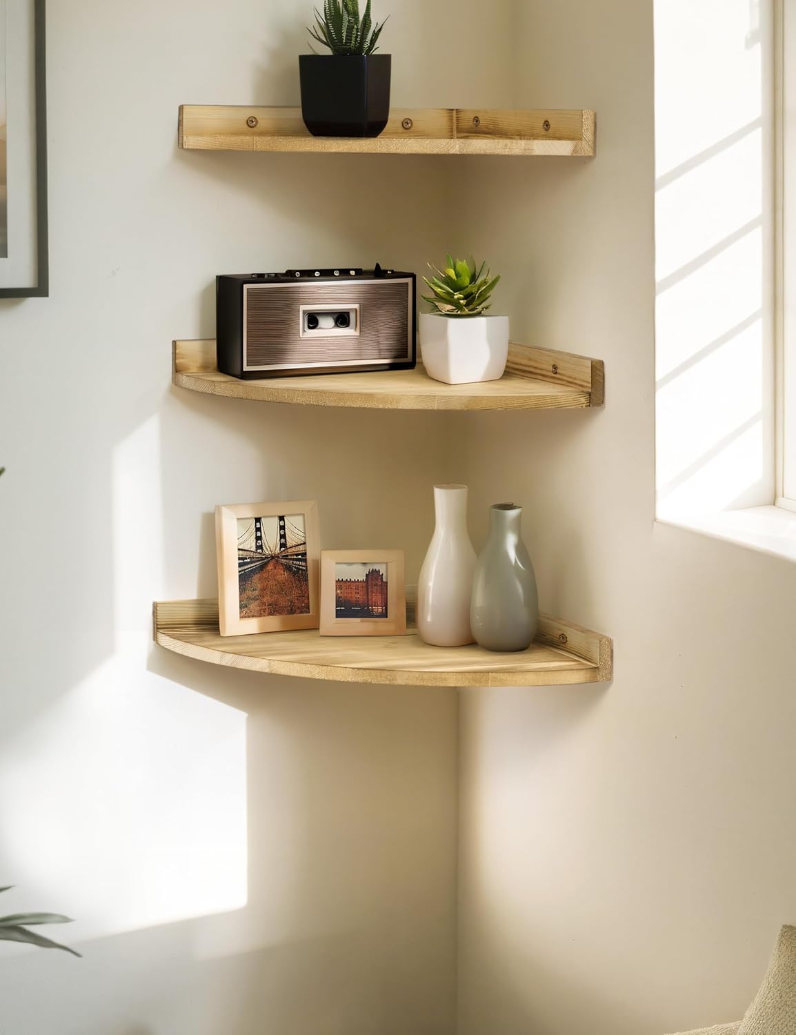 Petrala 3-Piece Solid Pine Wood Corner Shelves Set - Large Vintage Floating Shelves for Wall, Rustic Bookcase for Kitchen, Bedroom, Living Room, Bathroom