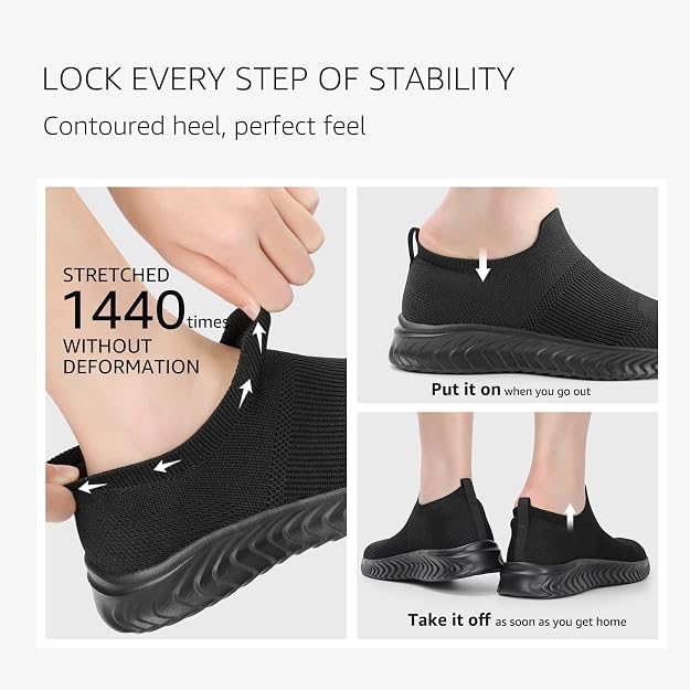STQ Womens Slip On Trainers Black UK 3.5 EU 36 - Ultra Lightweight Breathable Memory Foam Walking Shoes