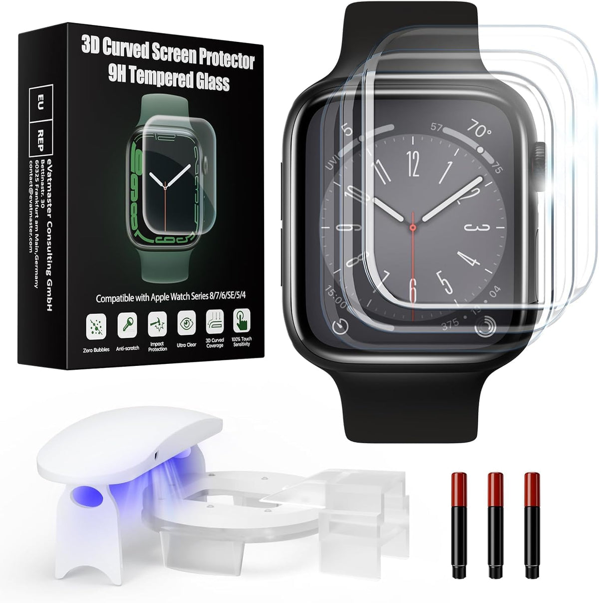 Kopration Apple Watch 41mm screen protector 3-pack with 3D curved tempered glass and installation tool for Series 9/8/7.