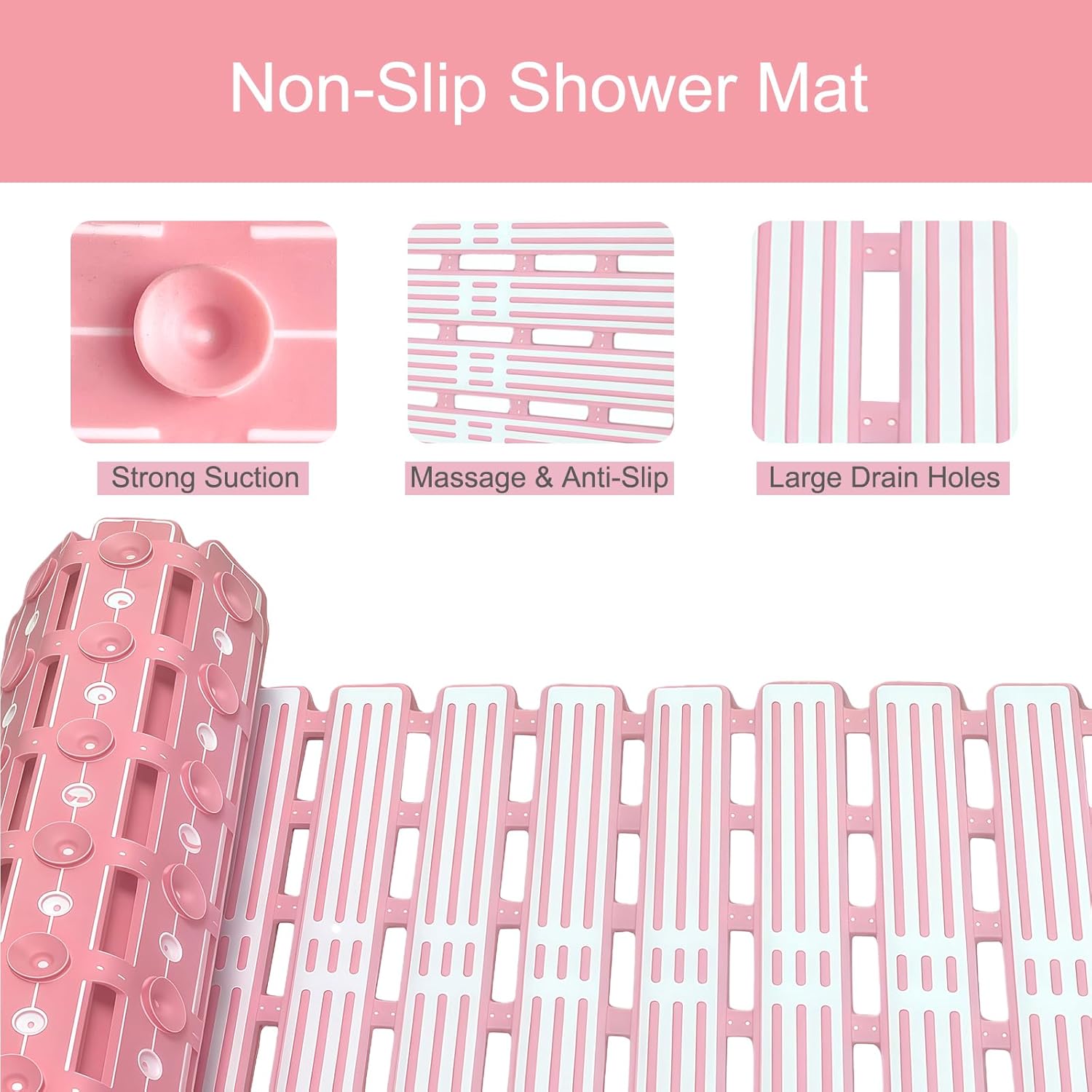Pink Yokupotac extra long non-slip shower mat with suction cups and drainage, designed for safety in bath and shower areas.