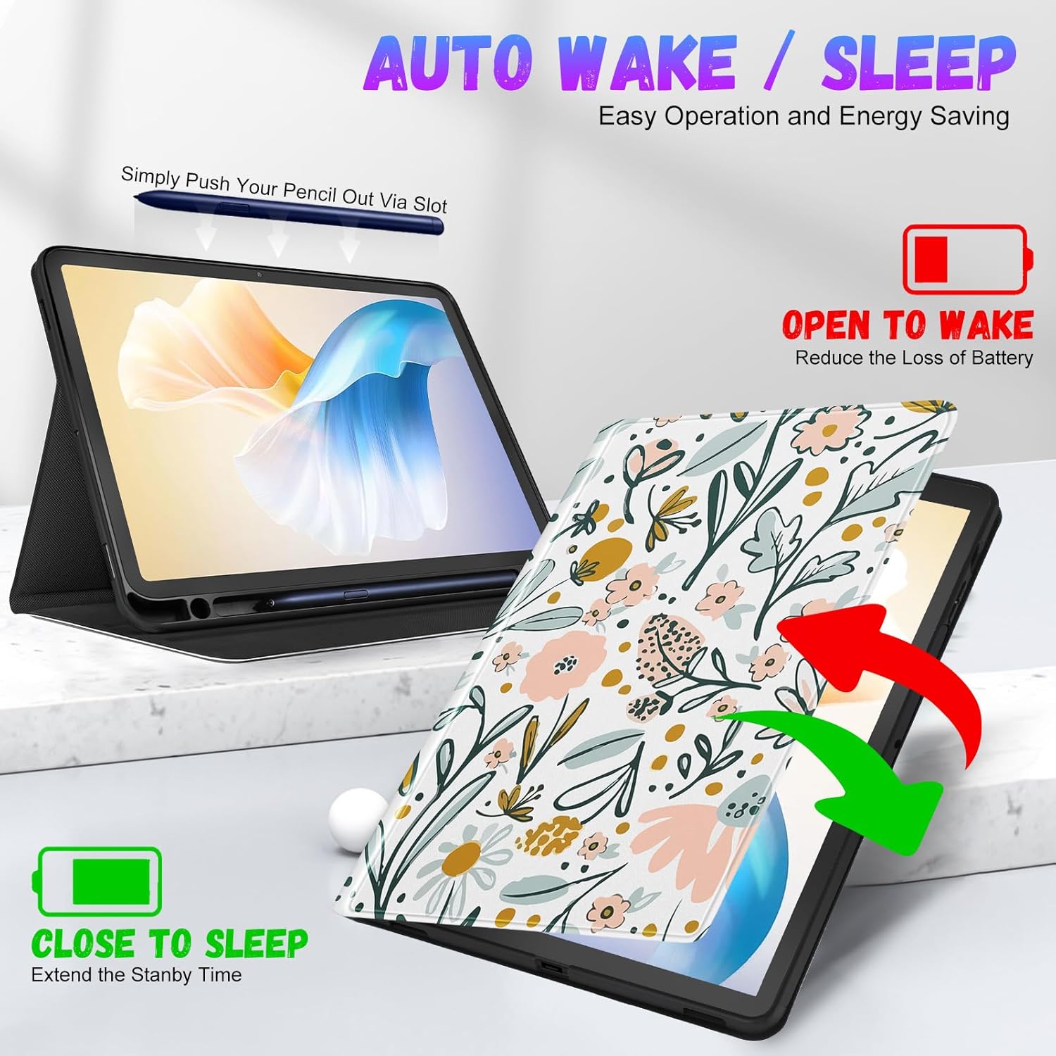 SurgeCraft Floral Fantasy Stand Case for Samsung Galaxy Tab S9 FE/S9/S10 FE - Auto Wake/Sleep Cover with Pencil Holder & Multi-Angle Stand (Kawaii Cute Flower Design) - Zeta Store