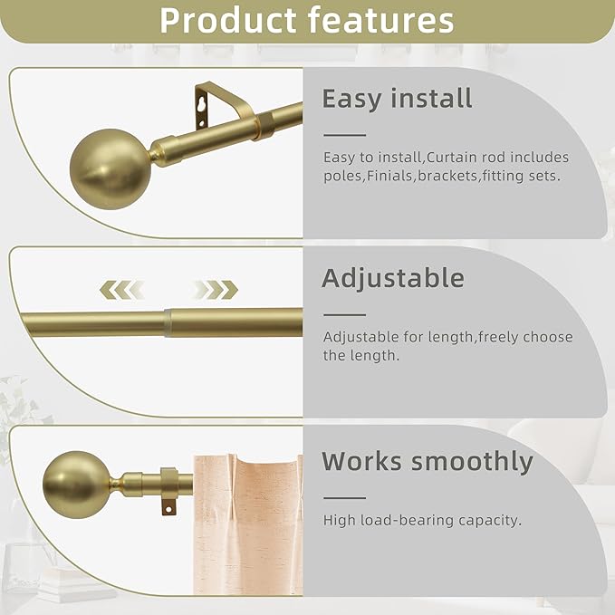 76-210cm Gold Adjustable Curtain Pole Set - Elegant Ball Finials, Heavy Duty Rod, Easy Fit Brackets - Real Bargain!