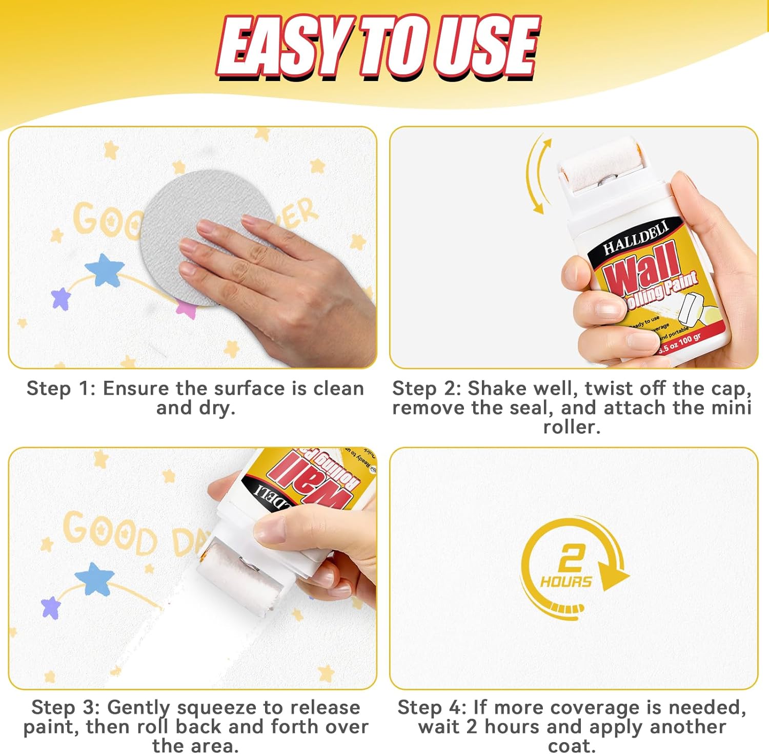 Halldeli All-in-One Wall Repair Rolling Paint | 2-Pack (200g each) | Quick-Dry White Paint for Walls | Covers Stains, Cracks & Graffiti | Brand New Barn Bargain! - Zeta Store