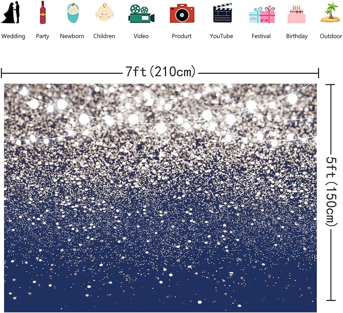 Deeying 8x6ft Royal Blue & Silver Glitter Photography Backdrop - Bokeh String Lights Photo Booth Background for Birthday, Wedding, Prom, Graduation, New Year Party Banner