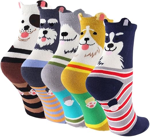 Teenloveme Women's Cute Dog Cartoon Crew Socks 5-Pack - Cotton Blend Novelty Animal Socks One Size UK 3-10